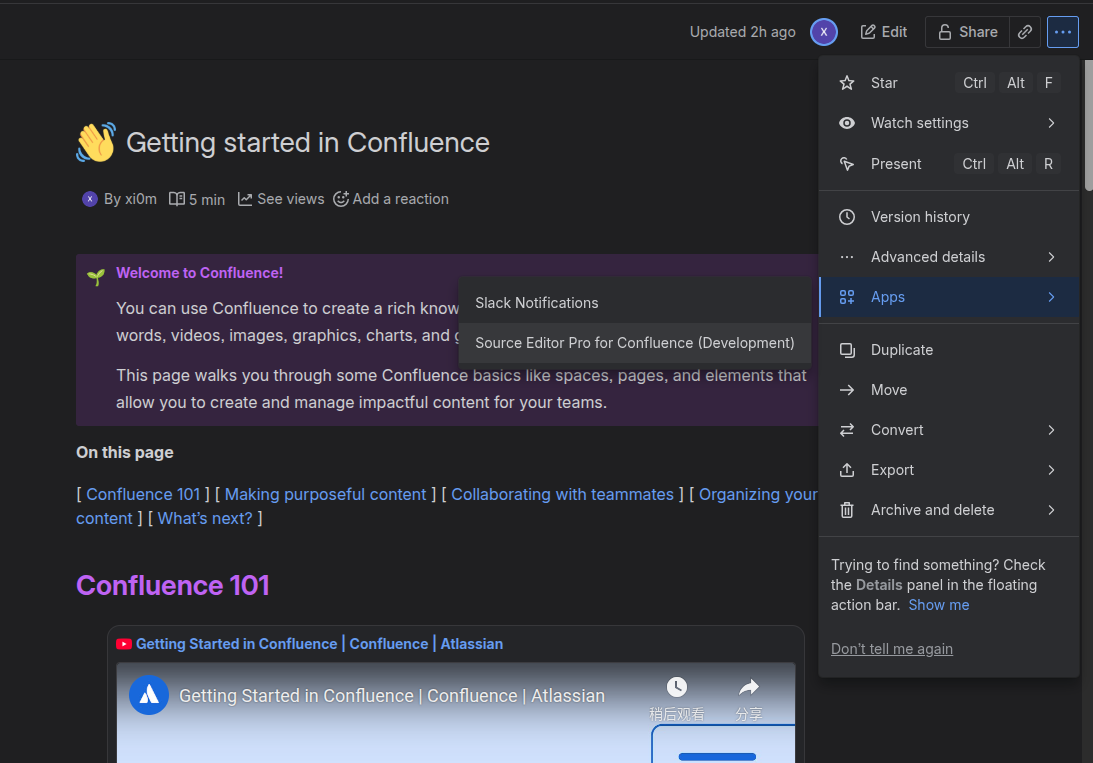 Opening the source editor from More actions menu
