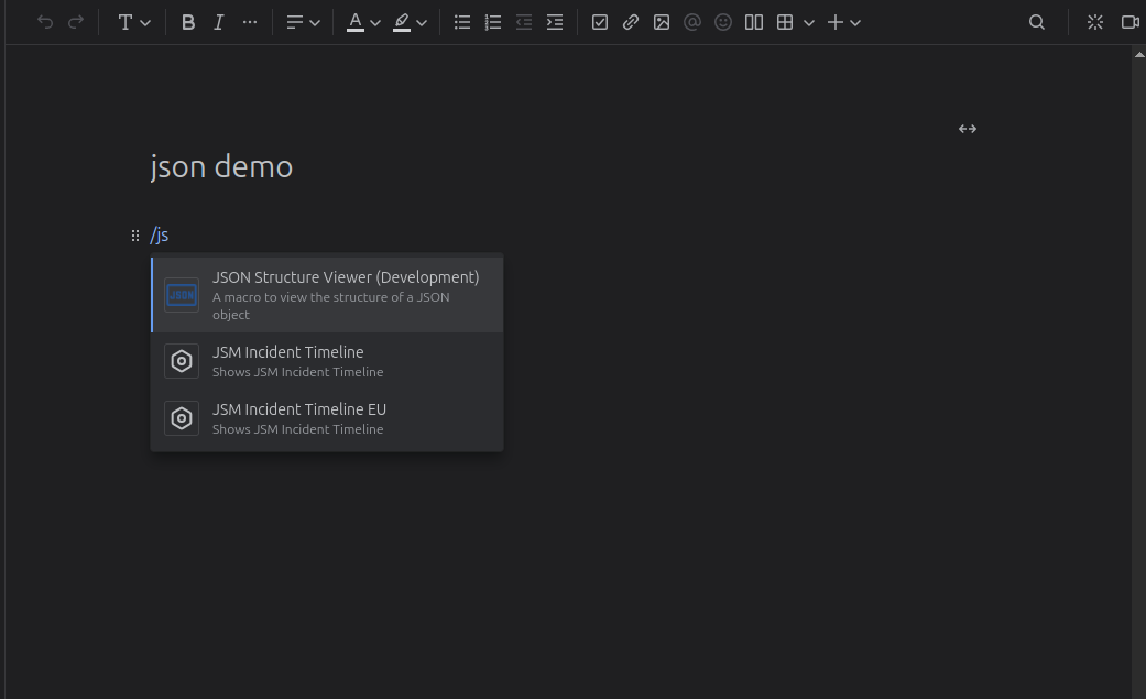 Typing /json in Confluence editor to find the macro