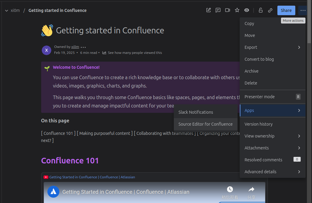 Opening the source editor from More actions menu