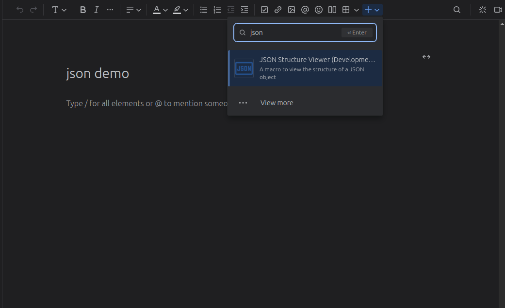 Selecting JSON Structure Viewer from the insert menu