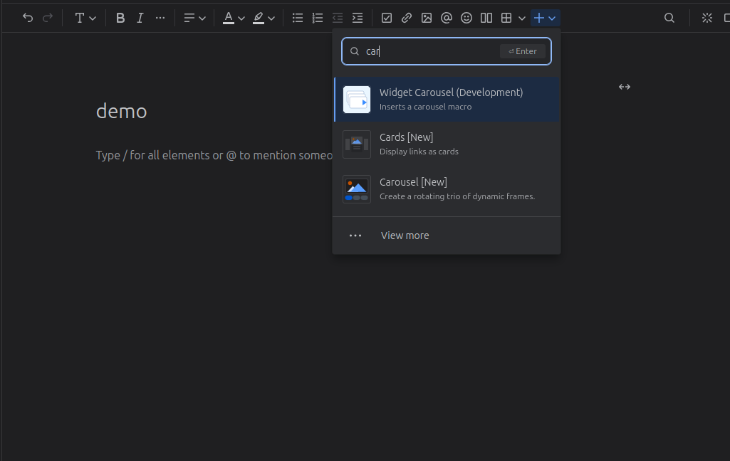 Selecting Widget Carousel from insert menu