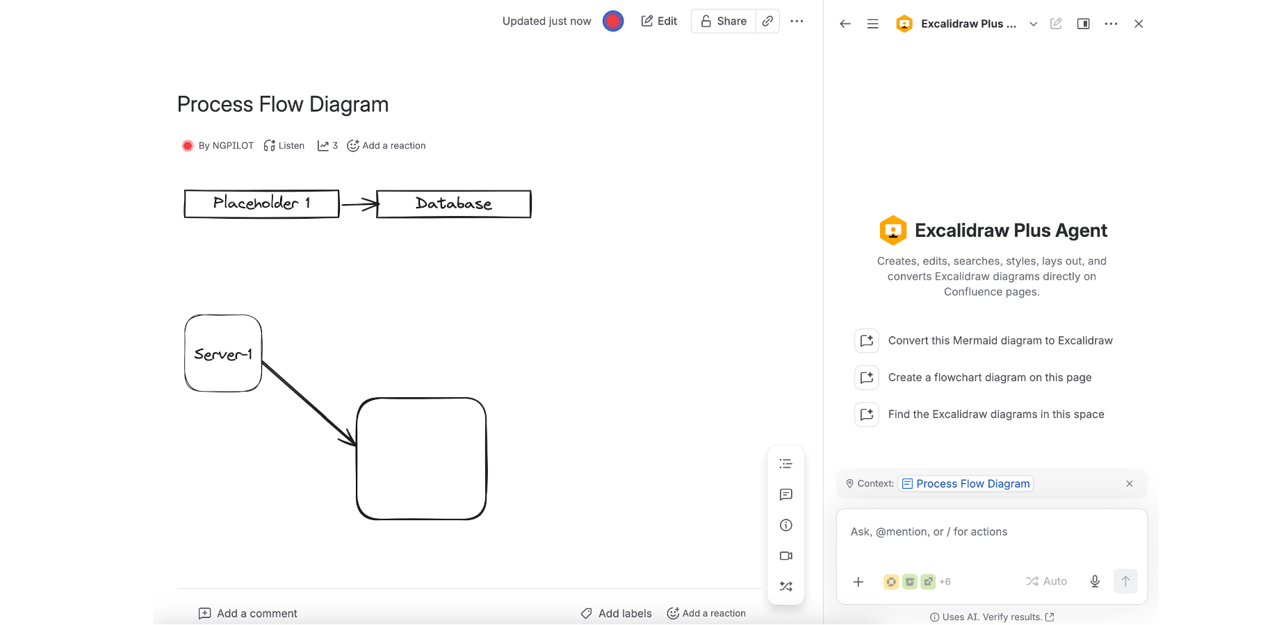 The Excalidraw Plus agent open in Confluence chat beside a live whiteboard — starters for converting a Mermaid diagram, creating a flowchart, and finding diagrams in the space